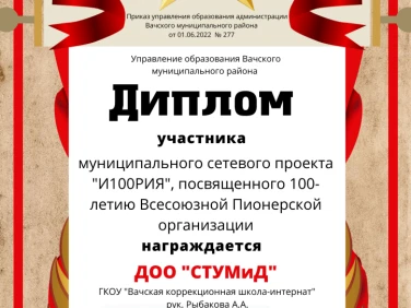 Диплом участника муниципального сетевого проекта "И100рия"